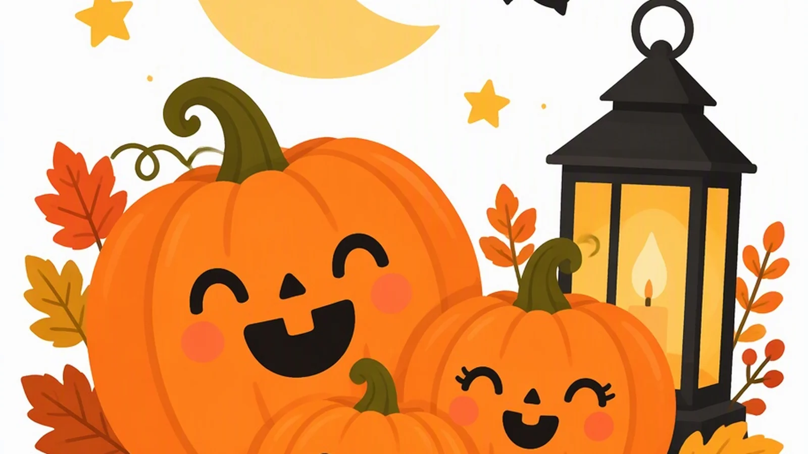 Friendly Halloween illustration with pumpkins, candy, and a smiling moon on a white background.