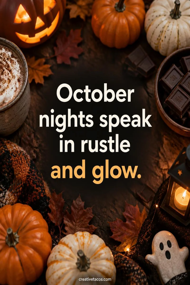 Quote card: October nights speak in rustle and glow.