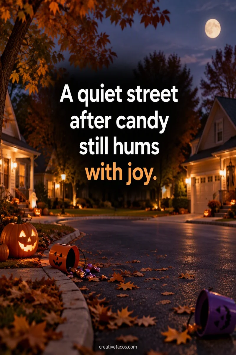 Quote card: A quiet street after candy still hums with joy.