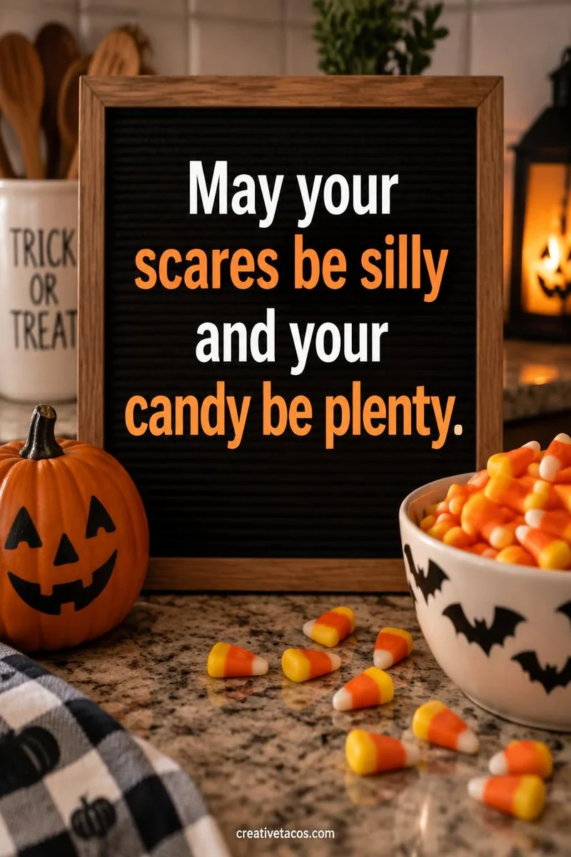 Quote card: May your scares be silly and your candy be plenty.
