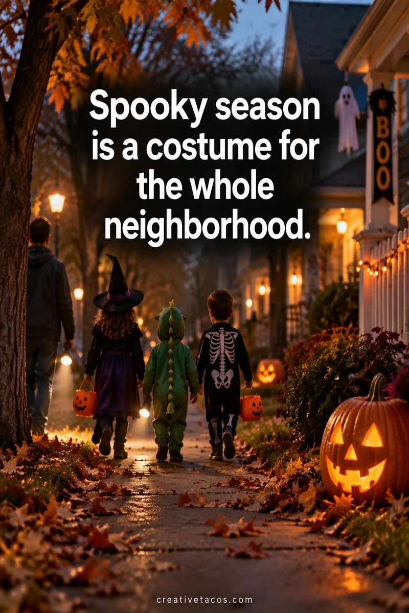 Quote card: Spooky season is a costume for the whole neighborhood.