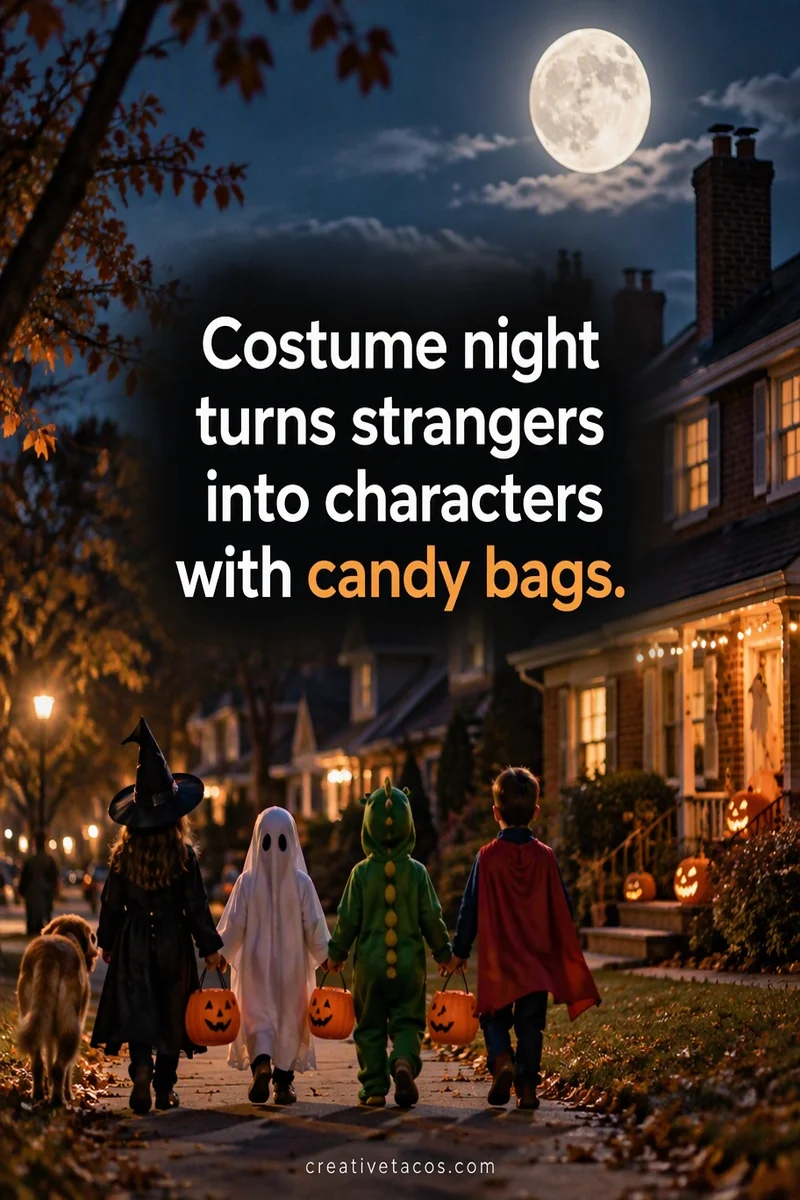 Quote card: Costume night turns strangers into characters with candy bags.