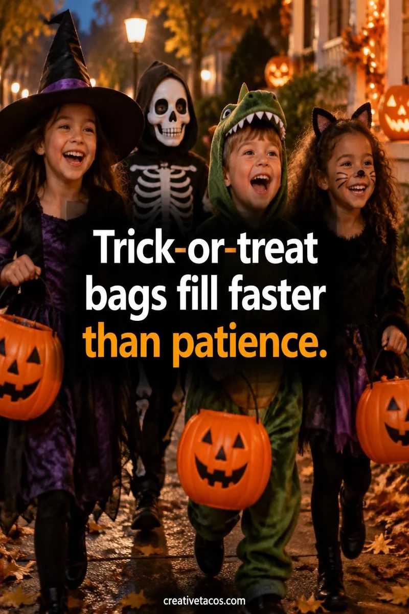 Quote card: Trick-or-treat bags fill faster than patience.