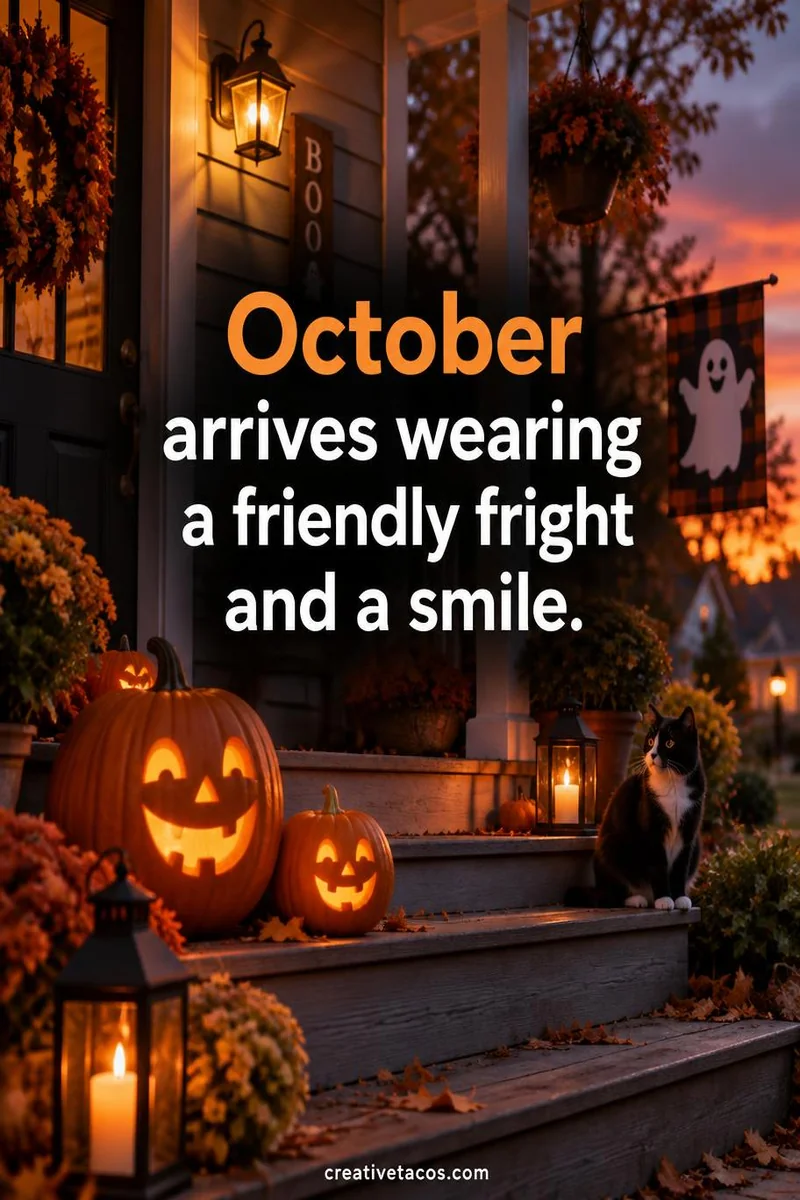 Quote card: October arrives wearing a friendly fright and a smile.