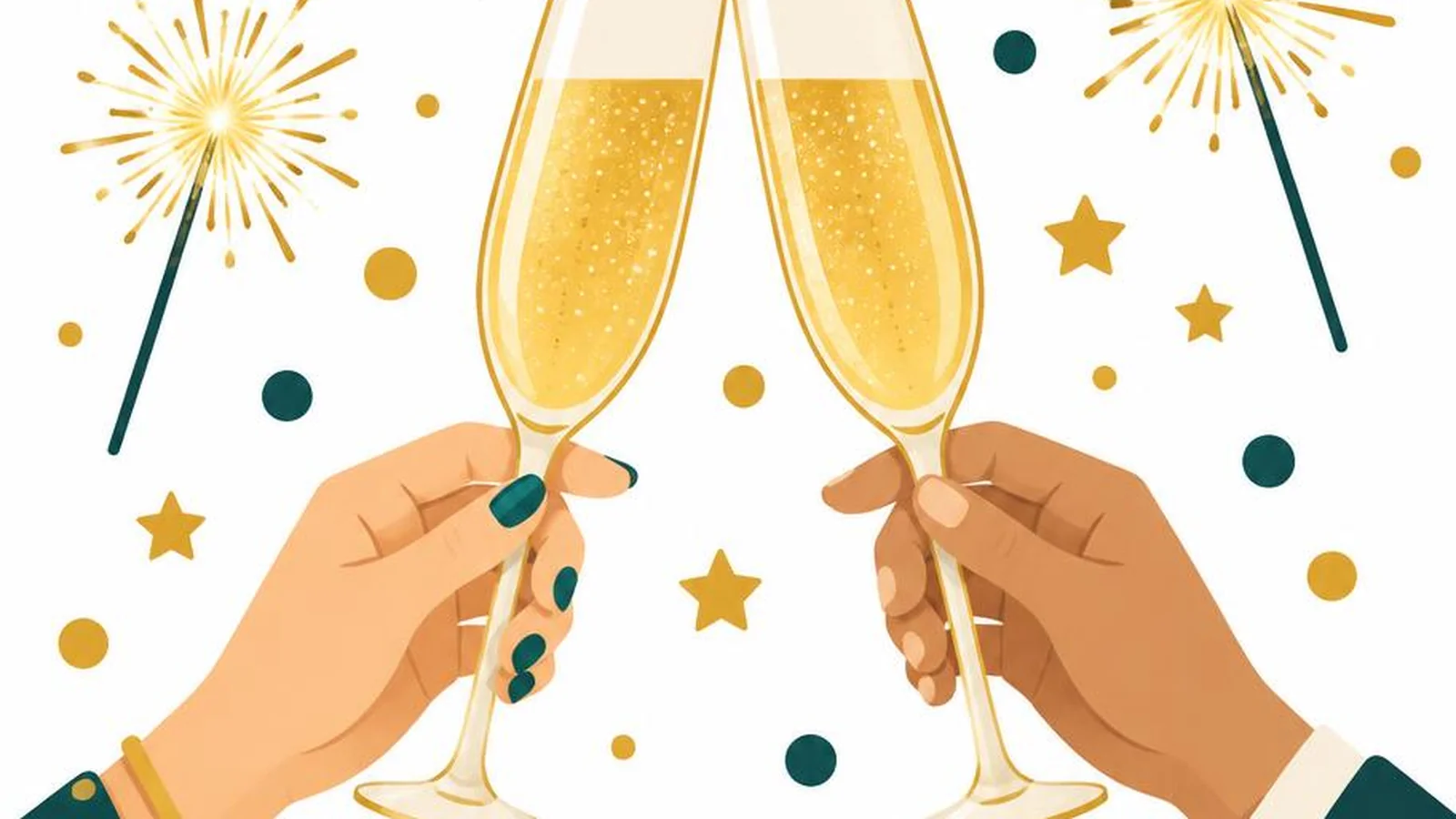 Clean illustration of champagne glasses and sparklers on a white background.