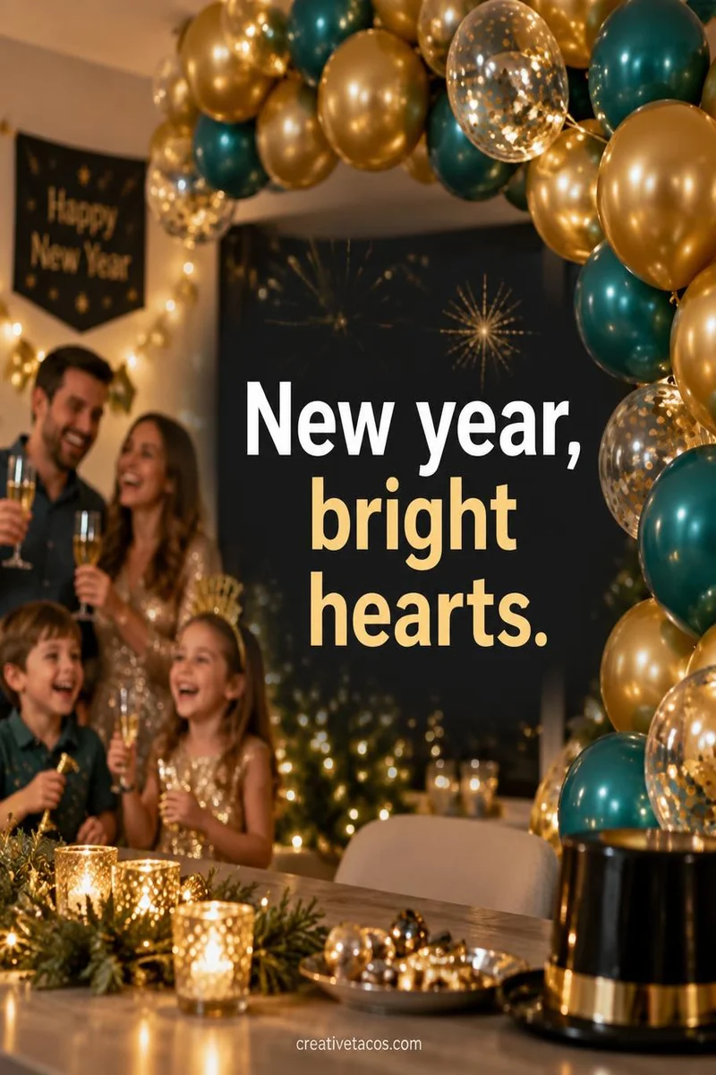 Quote card: New year, bright hearts.