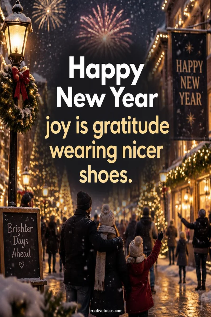 Quote card: Happy New Year joy is gratitude wearing nicer shoes.