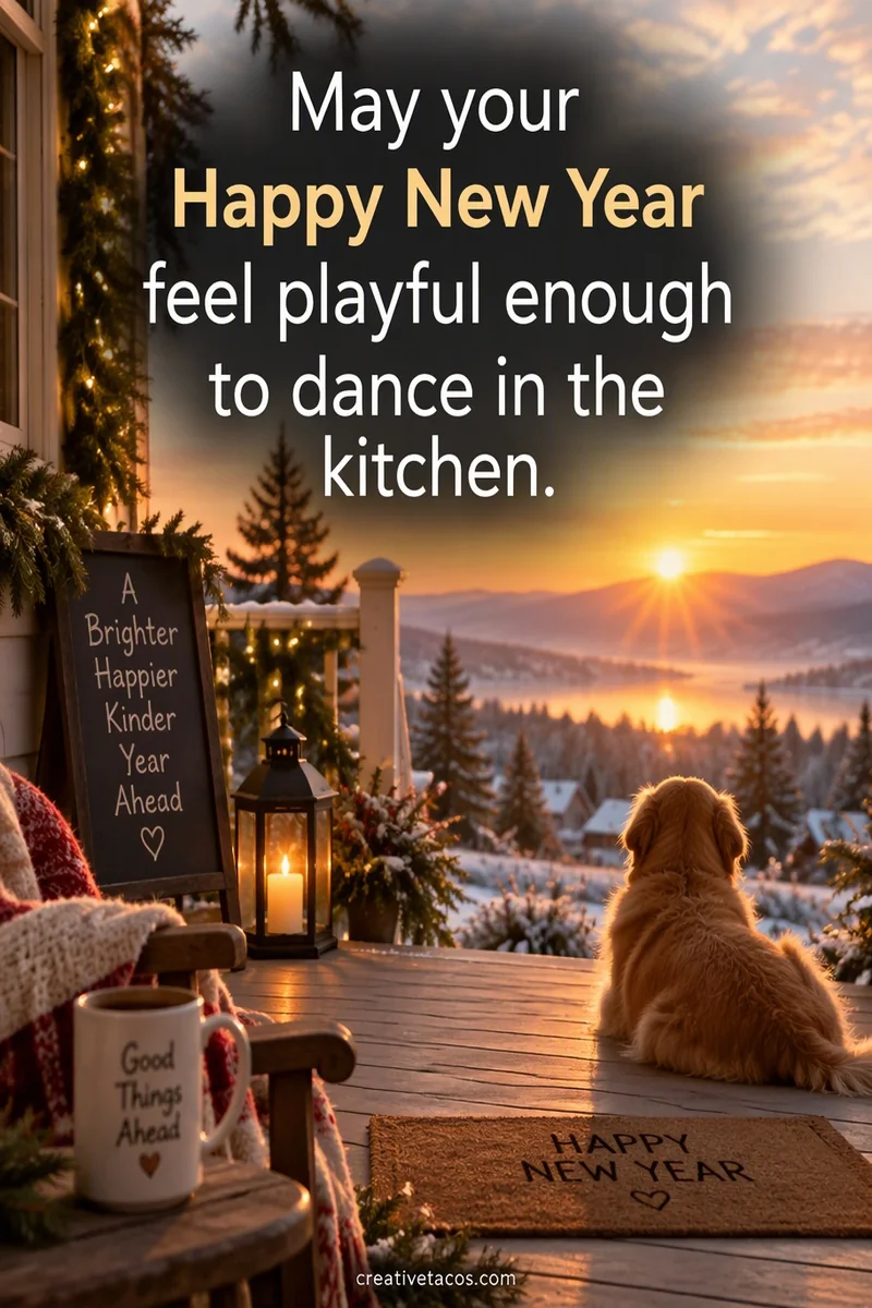 Quote card: May your Happy New Year feel playful enough to dance in the kitchen.