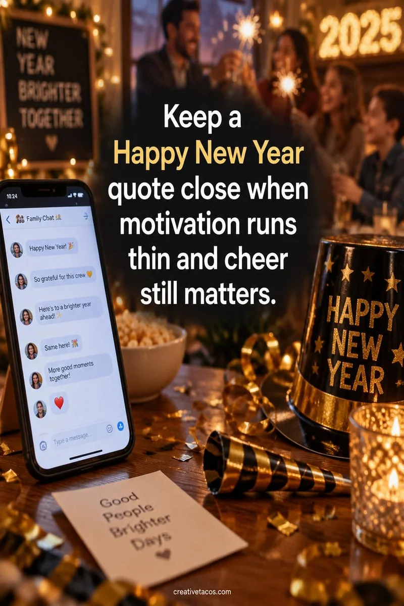 Quote card: Keep a Happy New Year quote close when motivation runs thin and cheer still matters.