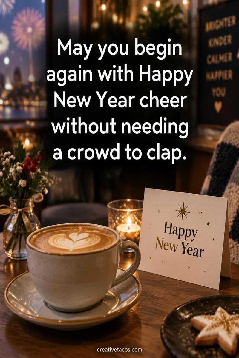 Quote card: May you begin again with Happy New Year cheer without needing a crowd to clap.