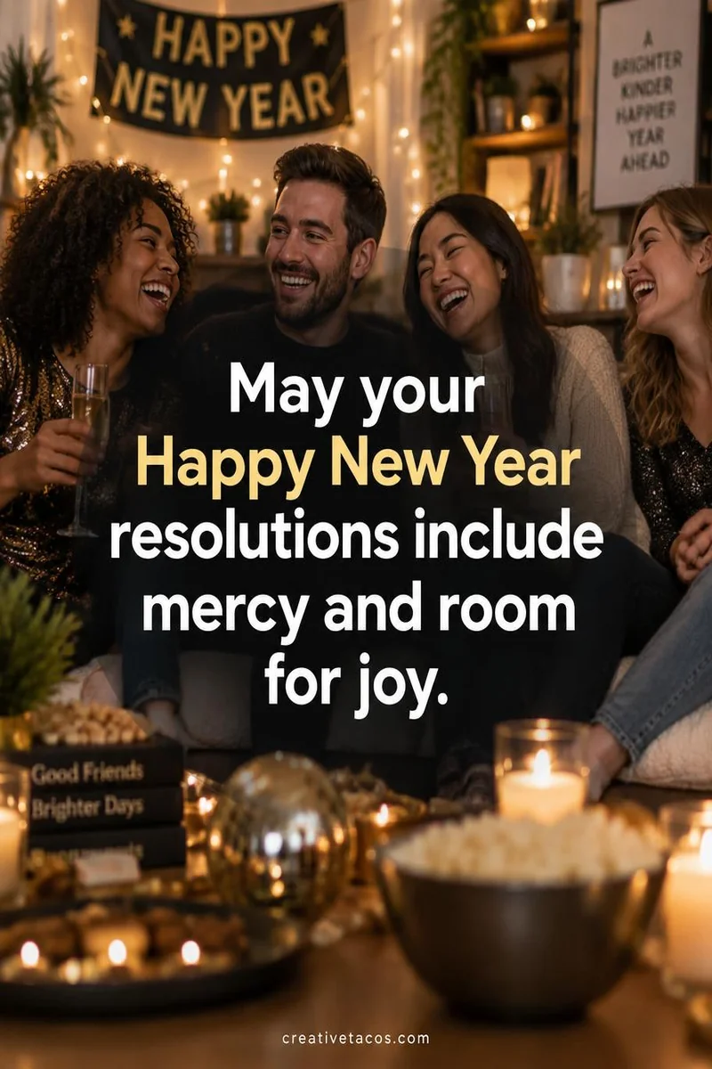 Quote card: May your Happy New Year resolutions include mercy and room for joy.