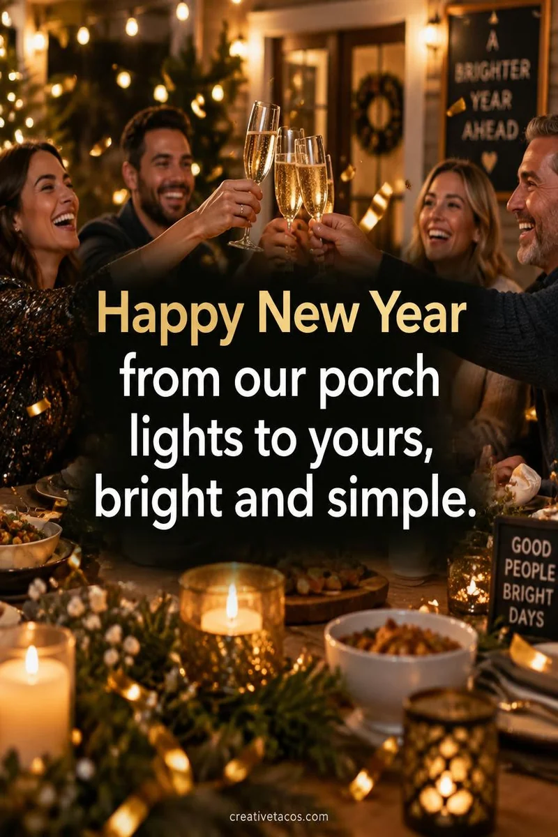Quote card: Happy New Year from our porch lights to yours, bright and simple.