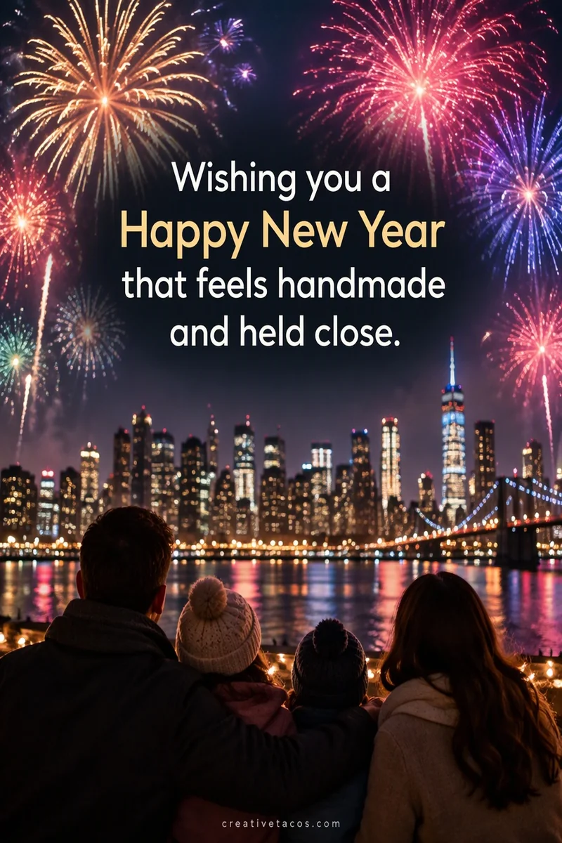 Quote card: Wishing you a Happy New Year that feels handmade and held close.