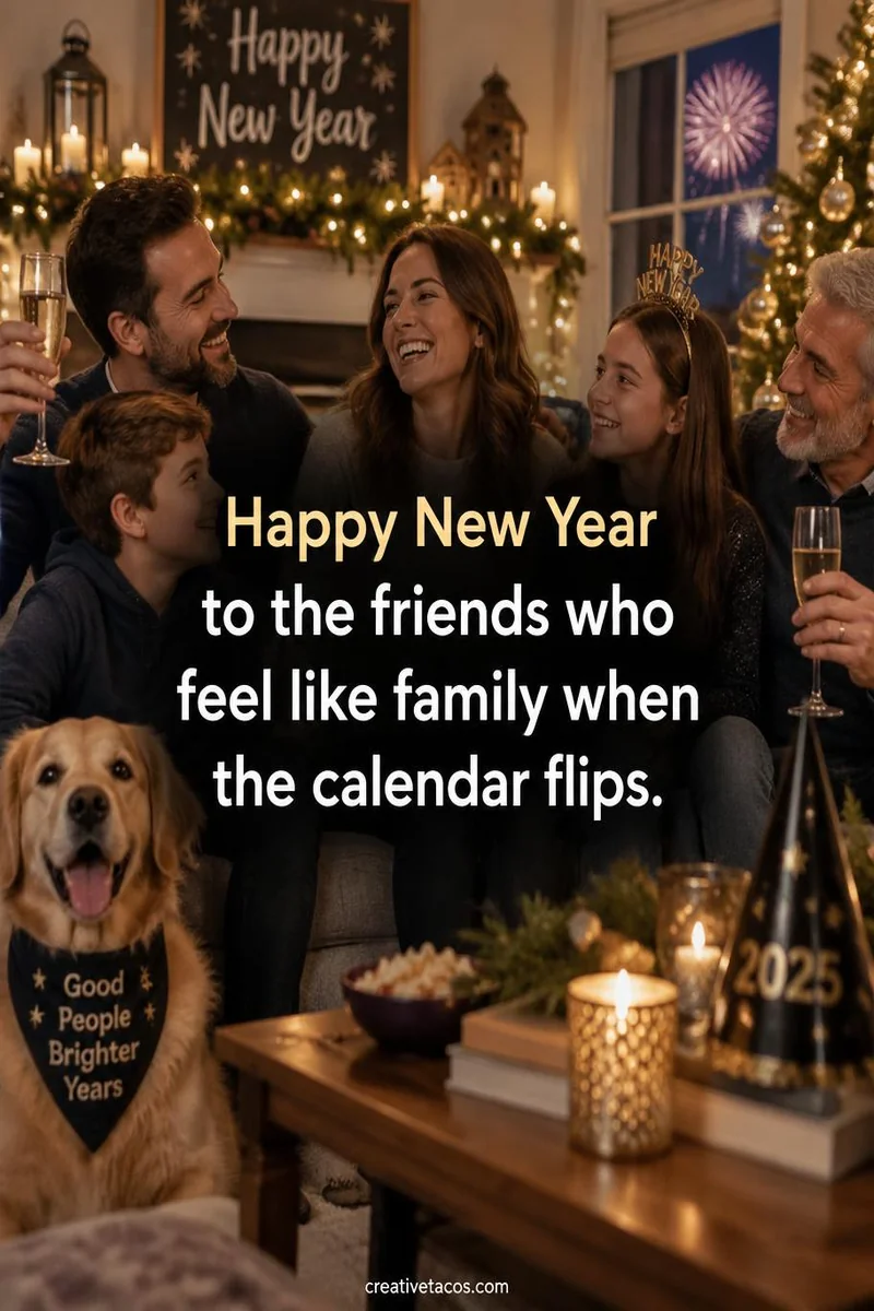 Quote card: Happy New Year to the friends who feel like family when the calendar flips.