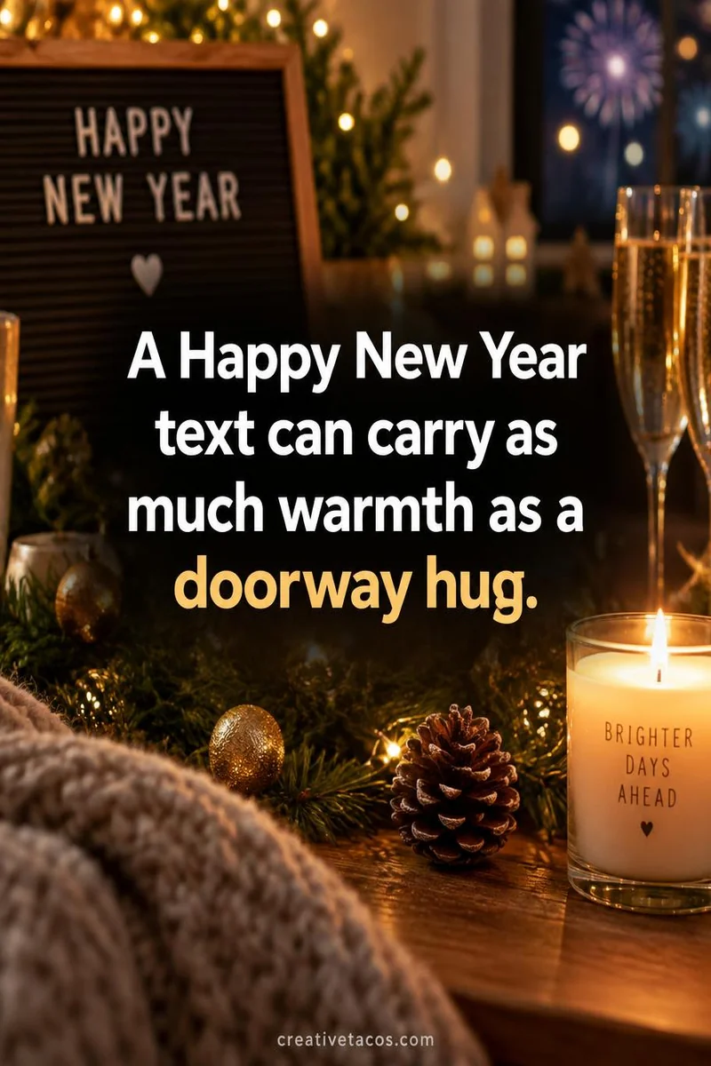 Quote card: A Happy New Year text can carry as much warmth as a doorway hug.