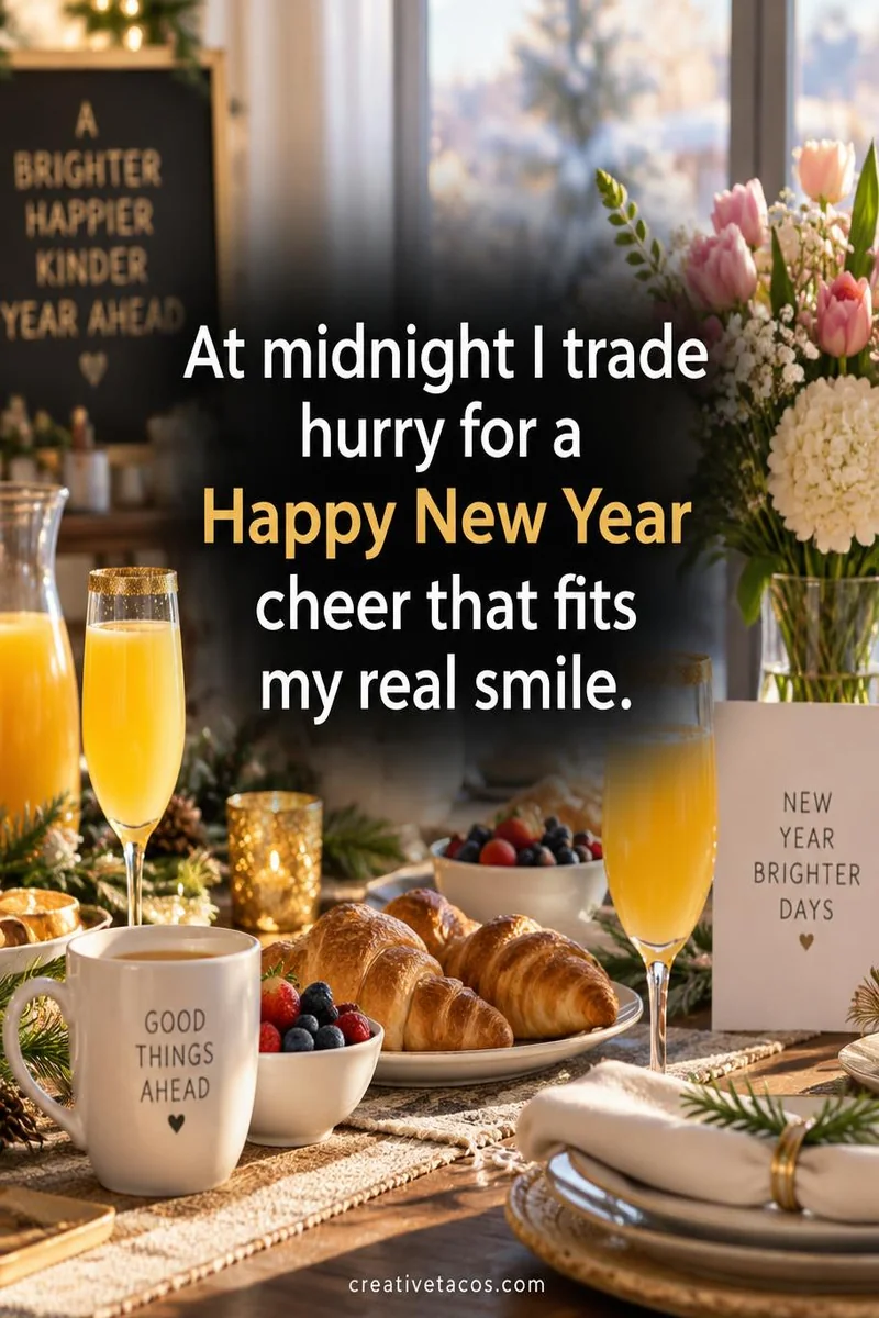 Quote card: At midnight I trade hurry for a Happy New Year cheer that fits my real smile.