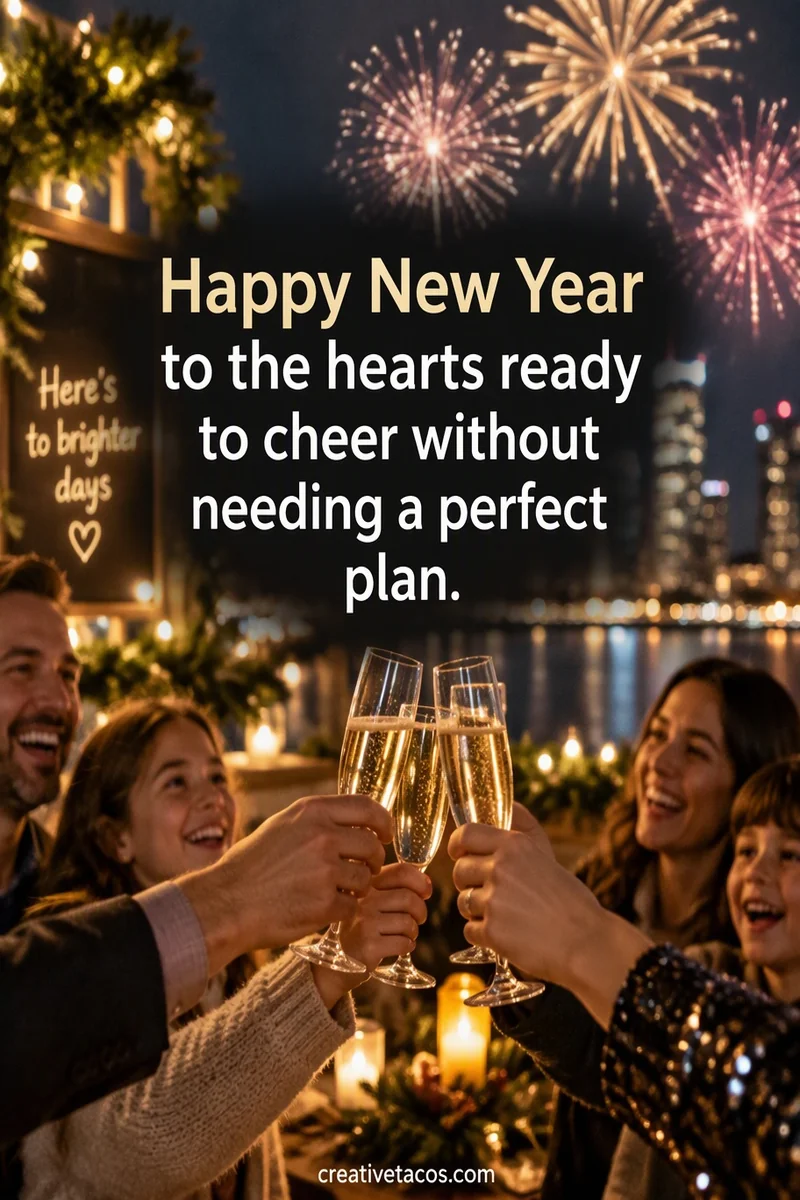 Quote card: Happy New Year to the hearts ready to cheer without needing a perfect plan.