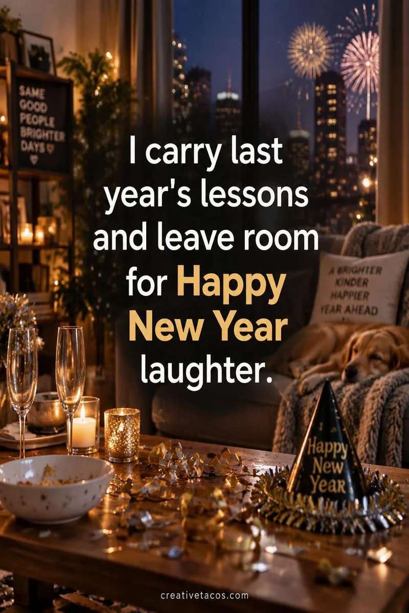 Quote card: I carry last year's lessons and leave room for Happy New Year laughter.