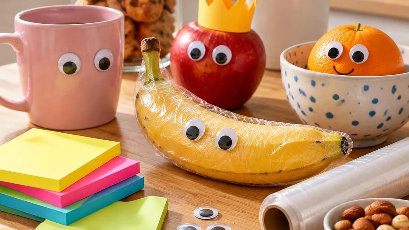 Colorful sticky notes, snacks, and laughter vibes for harmless friend pranks