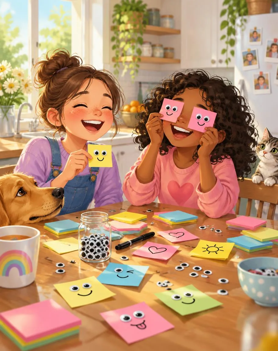 Friends laughing over sticky notes and googly-eye pranks at a kitchen table