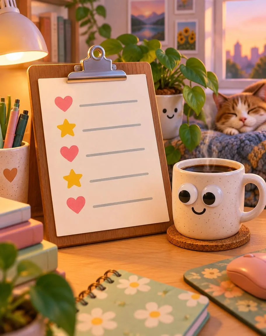 Friendly checklist clipboard beside a coffee mug with googly eyes