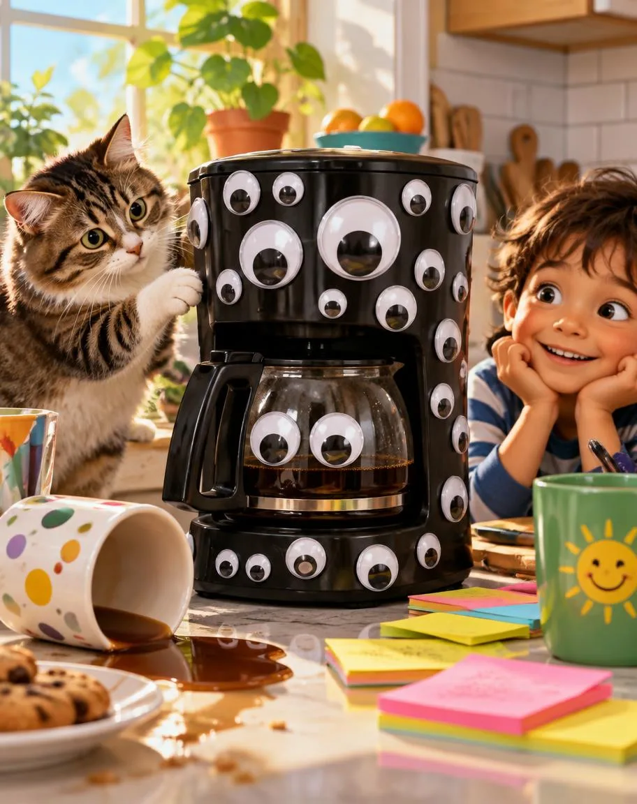 Coffee maker covered in googly eyes on a sunny kitchen counter