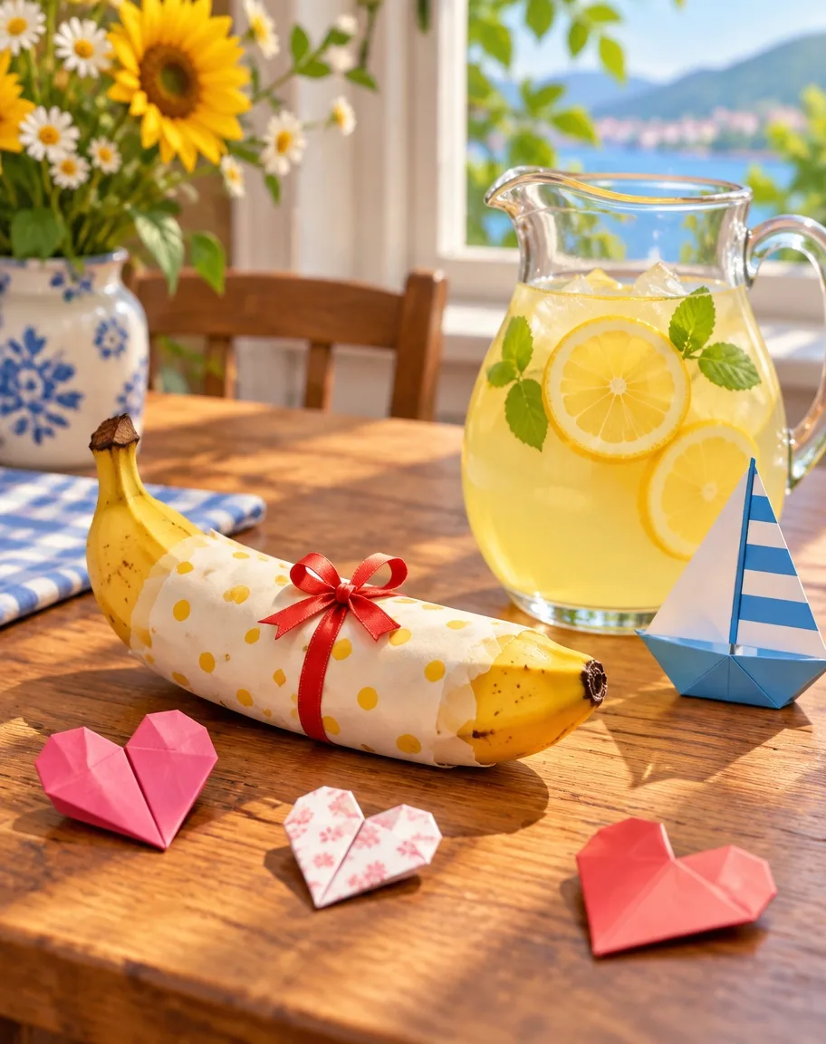 Gift-wrapped banana beside origami hearts and a lemon sailboat pitcher