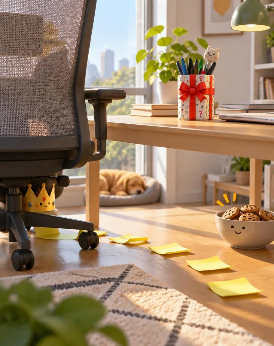 Desk prank with paper crown under a chair and sticky-note trail to snacks