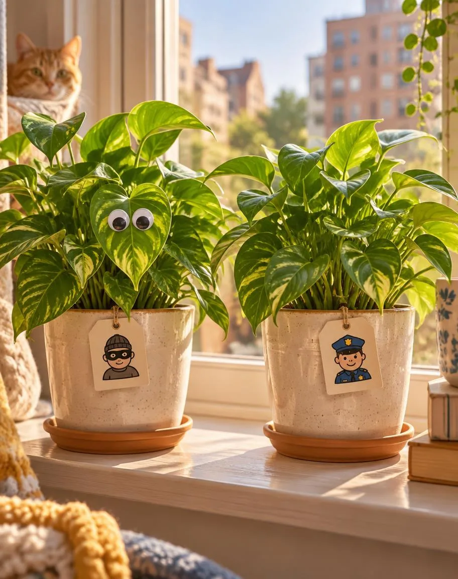 Twin potted plants with name tags and googly eyes on a sunny windowsill