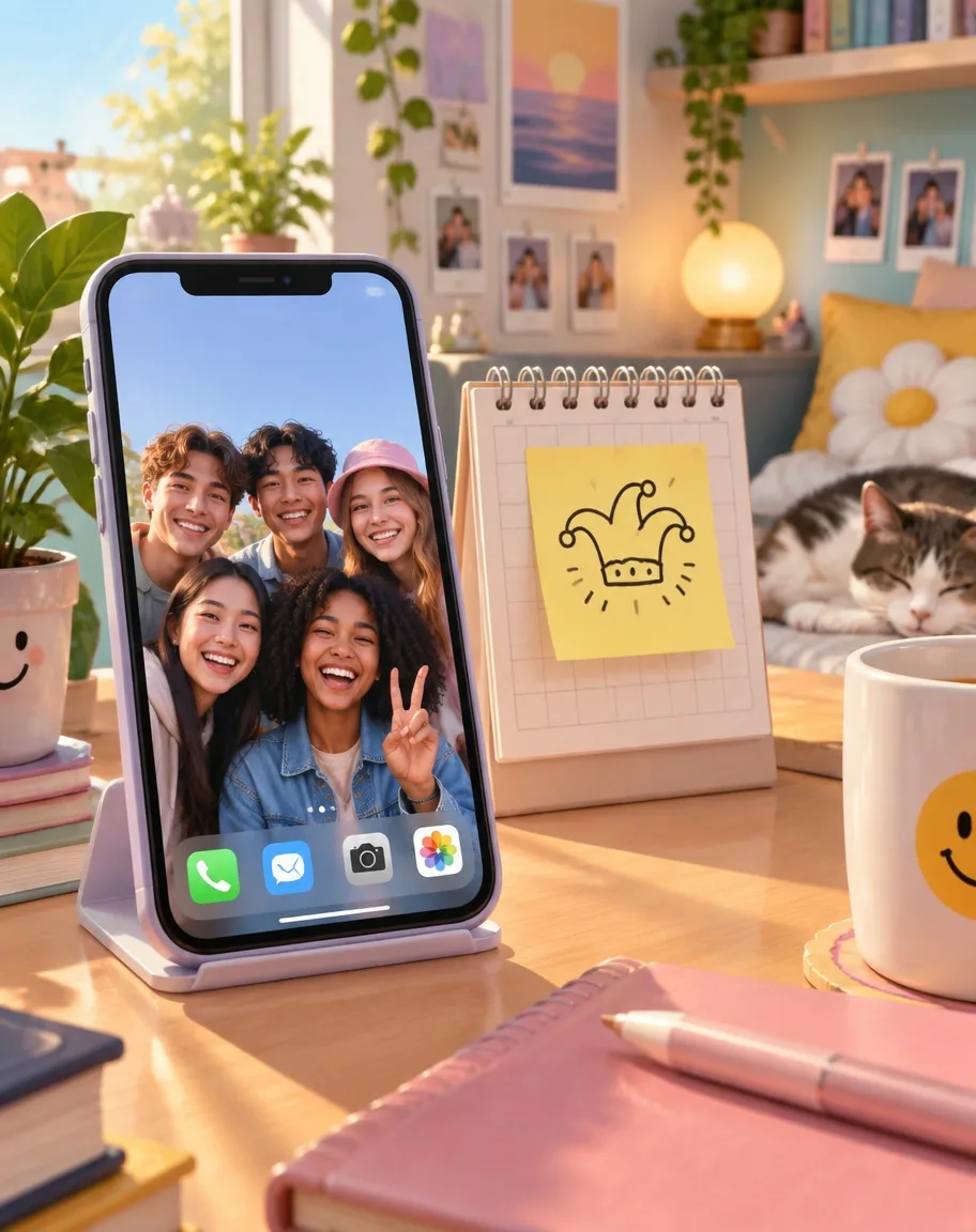 Phone on a desk with a wholesome wallpaper swap and joke-summit sticky note