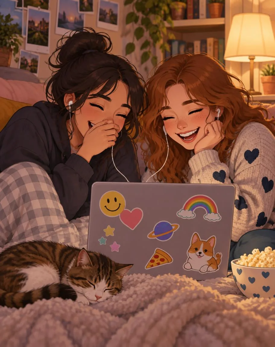 Friends sharing earbuds and laughing at a silly playlist on a laptop