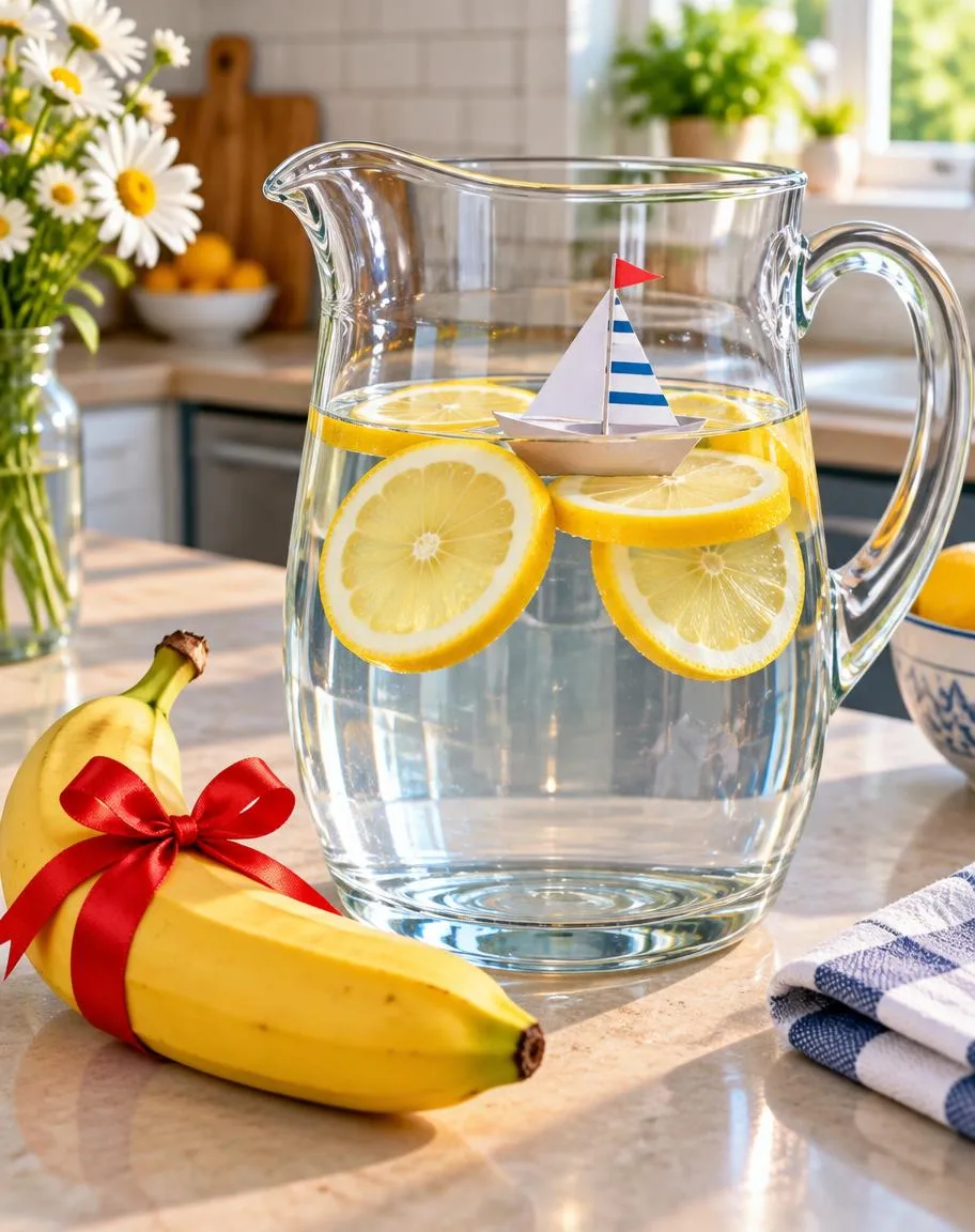 Lemon sailboat in a water pitcher with a gift banana nearby