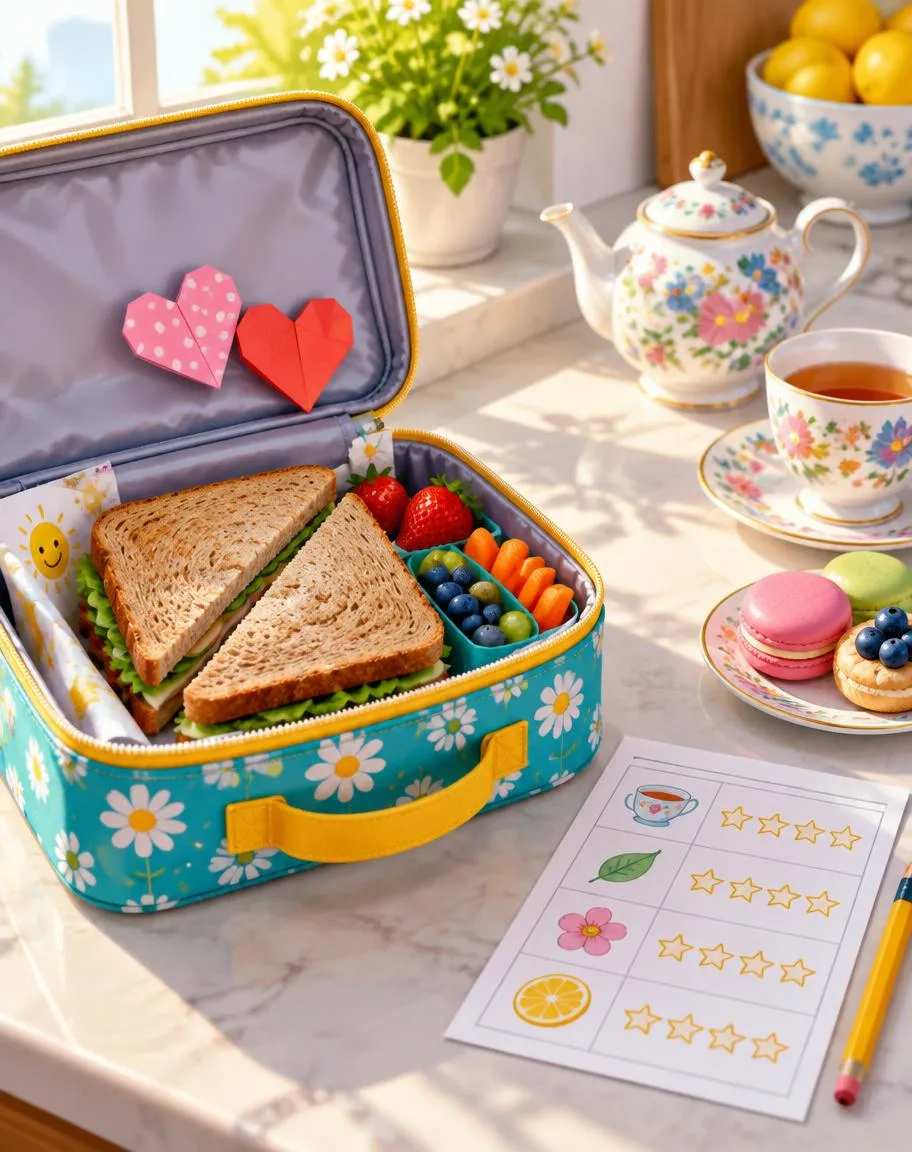 Lunch bag with origami hearts and a sandwich beside a tea tasting scorecard