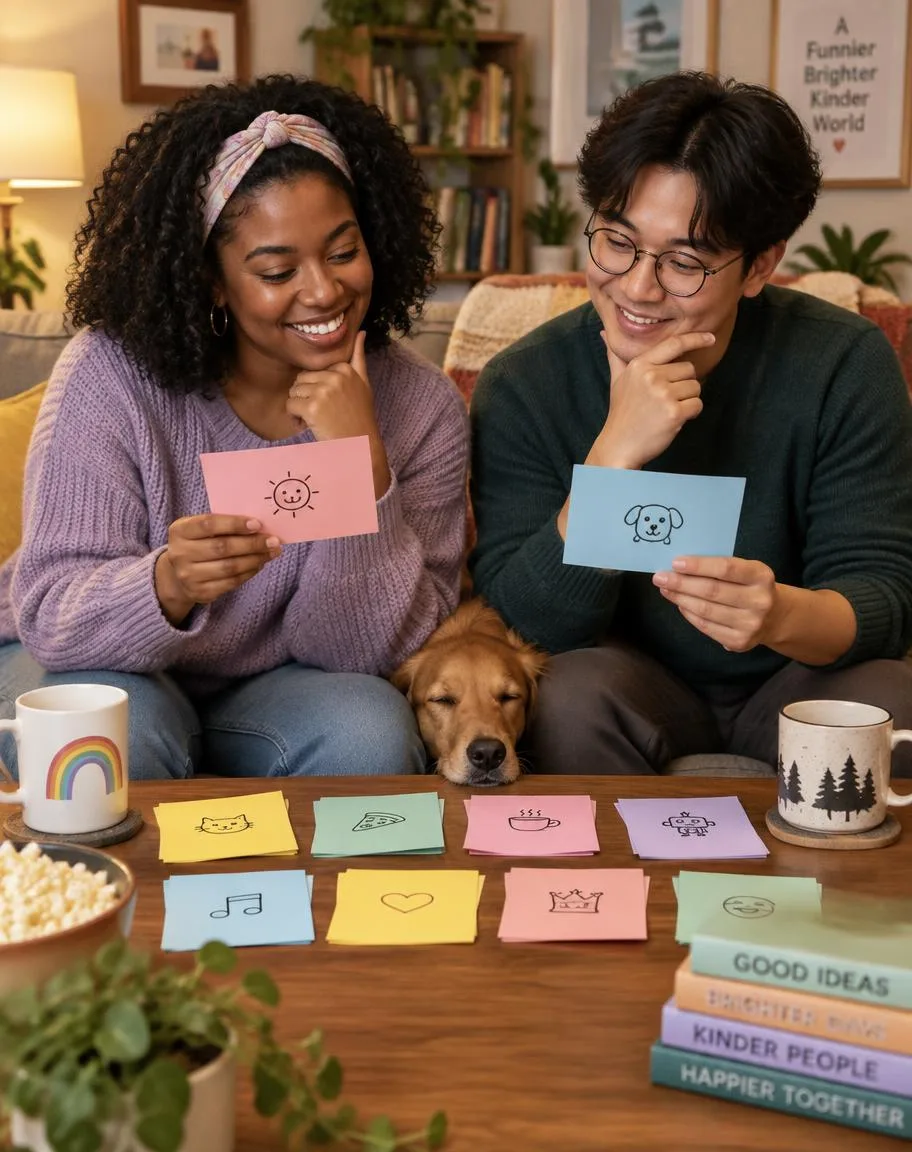 Friends on a couch choosing soft joke idea cards together