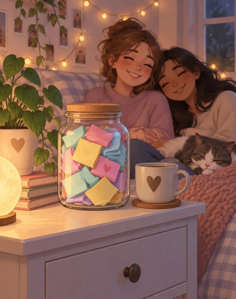 Compliment jar filled with colorful notes on a cozy nightstand