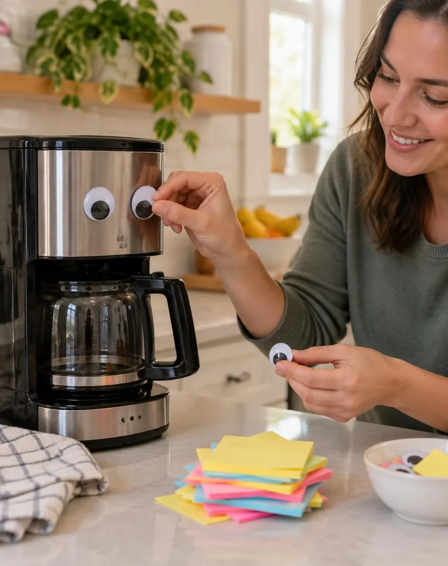 Hands removing googly eyes from a coffee maker during prank cleanup