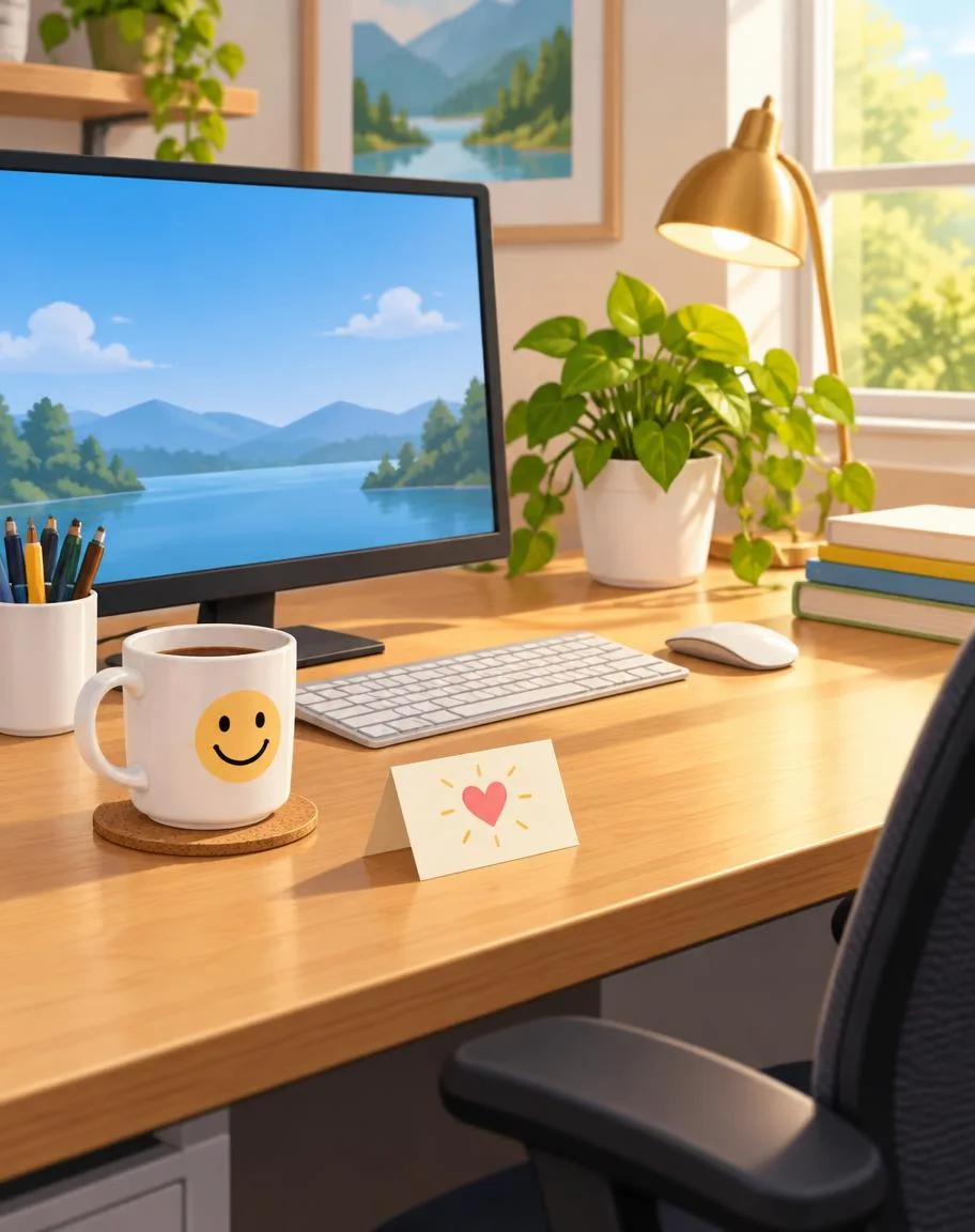 Tidy desk after a prank with a thank-you note left behind
