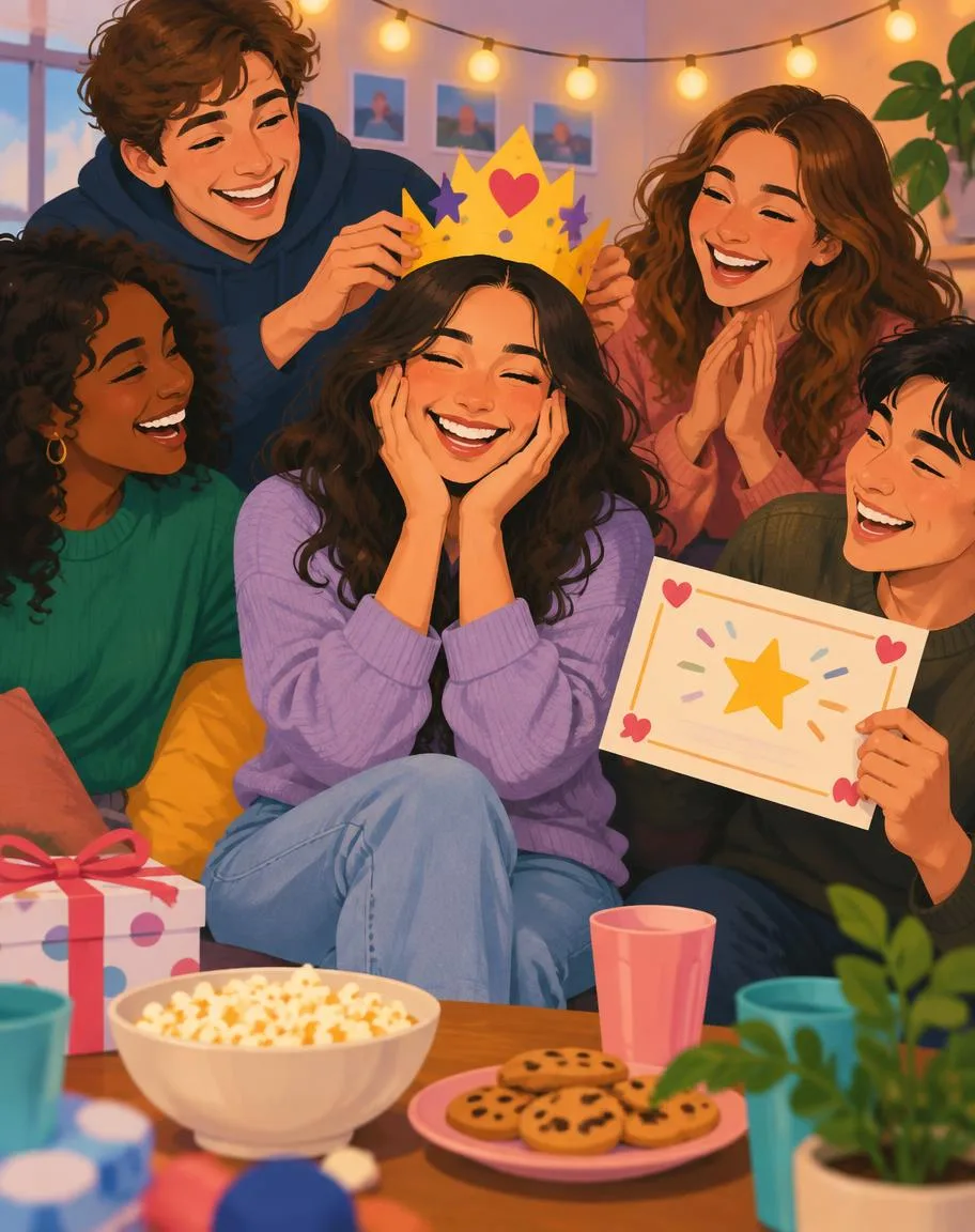 Friends crowning someone Friend of the Month with a paper crown