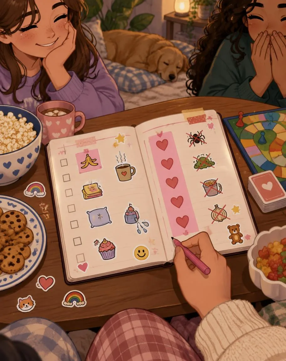Shared soft-pranks notebook with stickers, snacks, and a board game