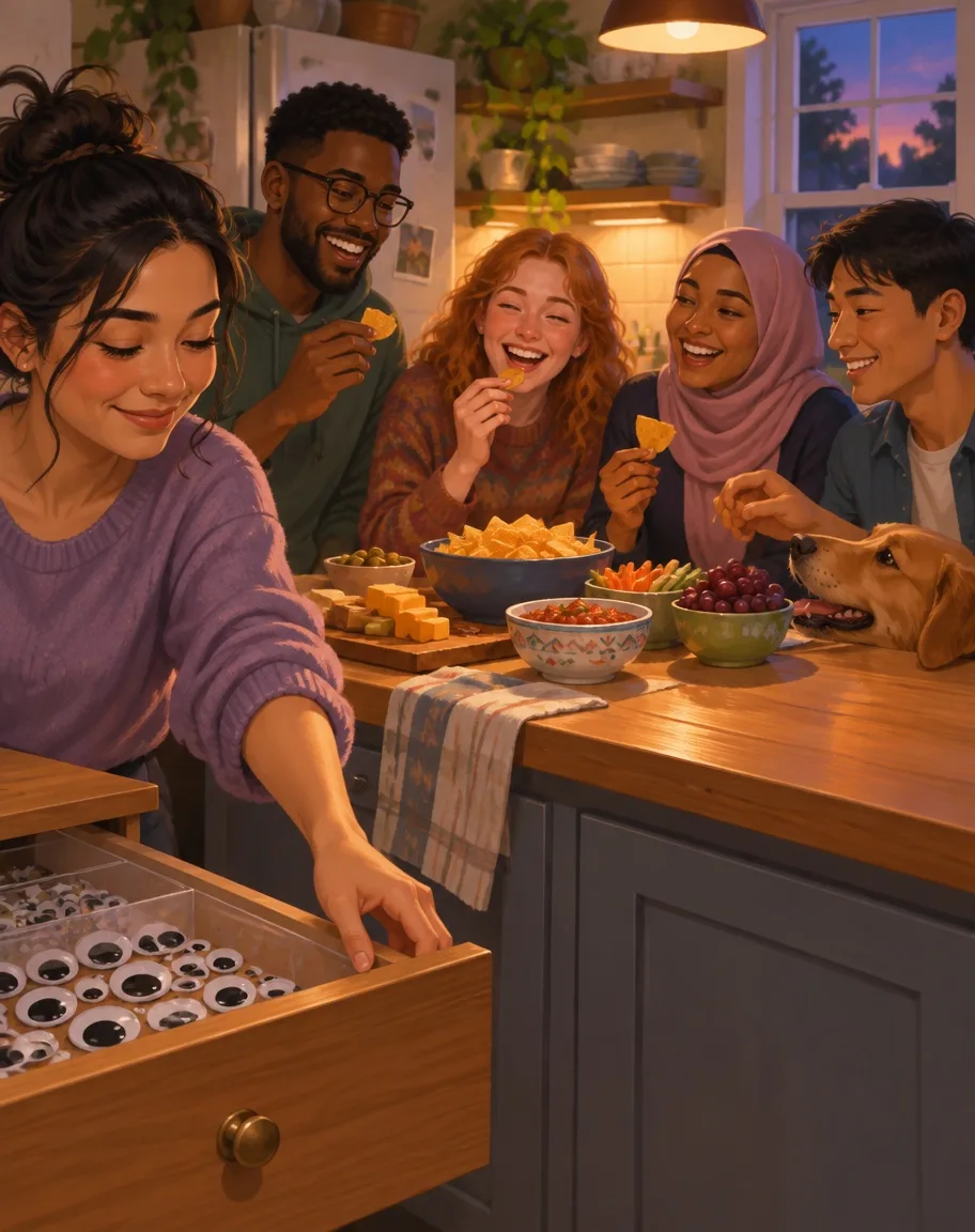 Friends sharing snacks after putting googly eyes back in a drawer