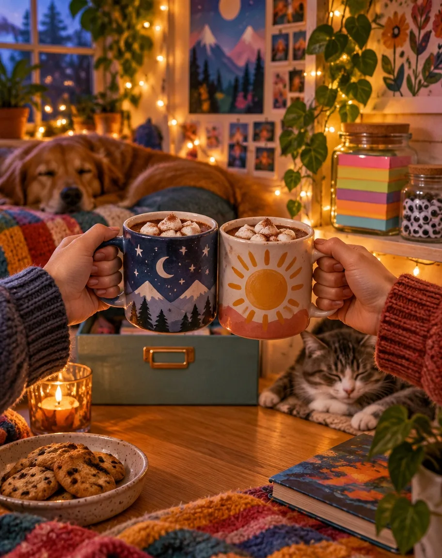 Two cocoa mugs clinking after sticky notes and googly eyes are put away