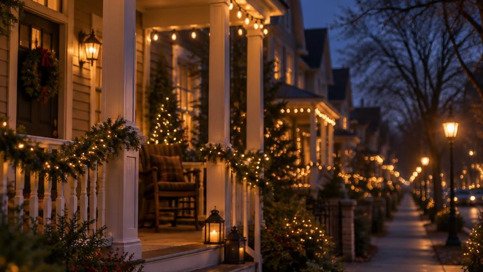 Holiday string lights on a porch glowing against an evening sky.