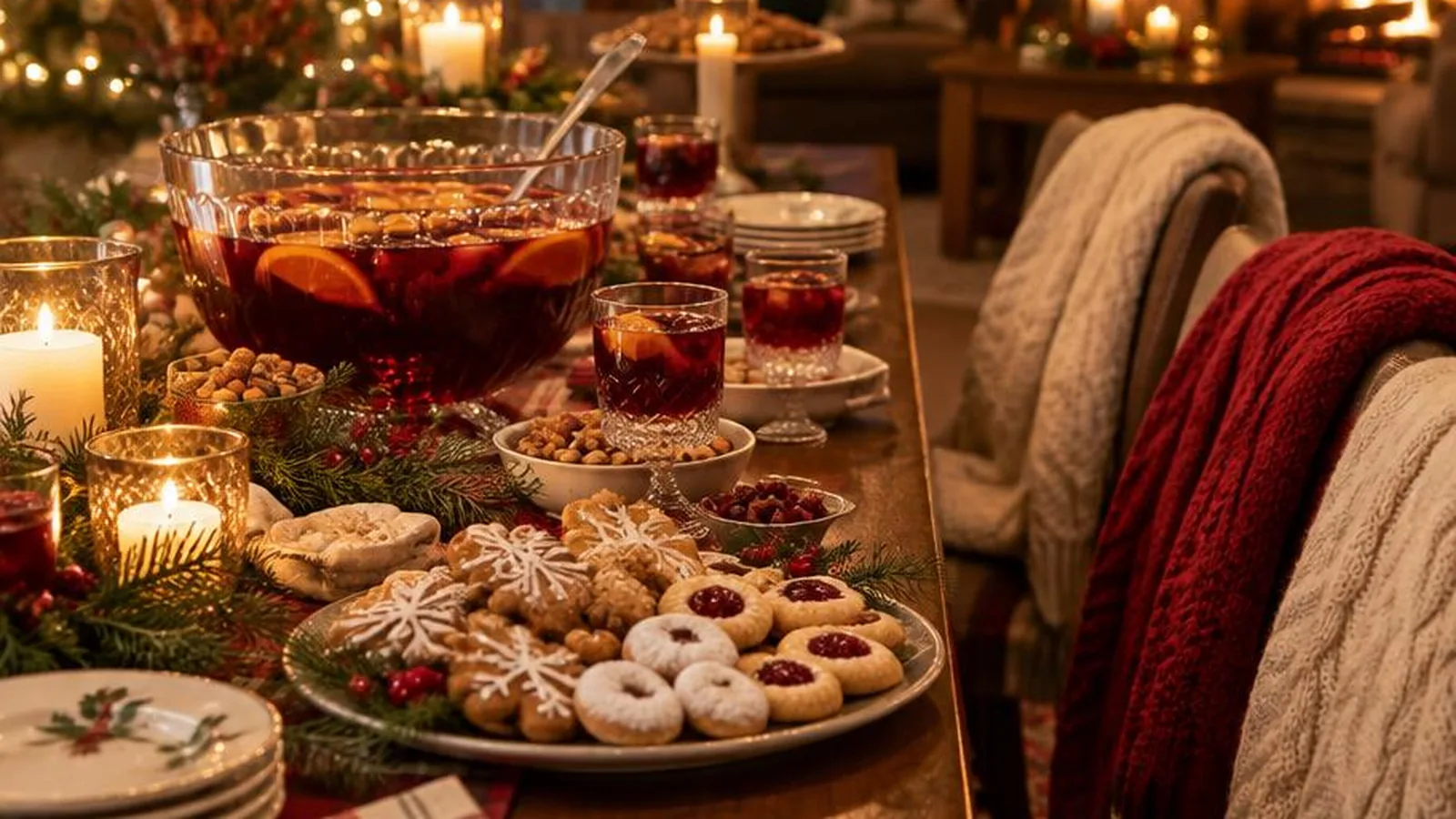 A festive holiday party table with sparkle lights, cookies, a punch bowl, and cozy sweaters on nearby chairs.