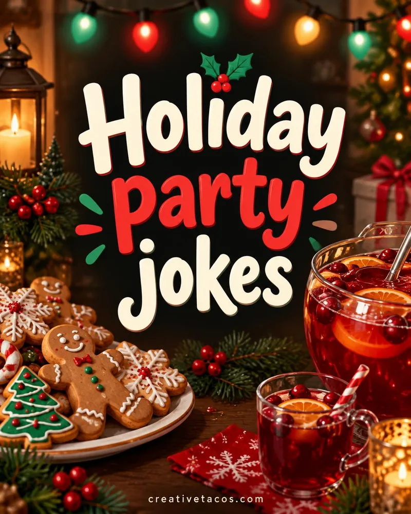 holiday party joke card with cozy seasonal props and a creativetacos.com footer