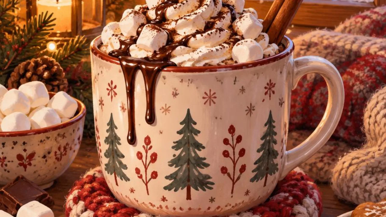 Mug of hot cocoa piled with marshmallows, steam, and a knit coaster by a snowy window