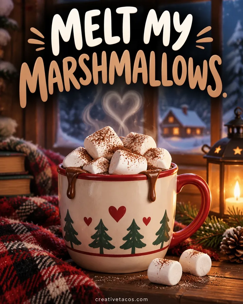 Pun card that says Melt my marshmallows with a cocoa mug, steam, and a creativetacos.com footer