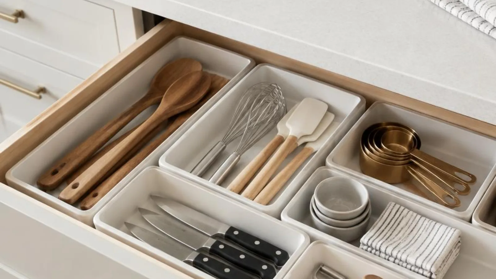 Neatly organized open drawer with small trays after a simple declutter session
