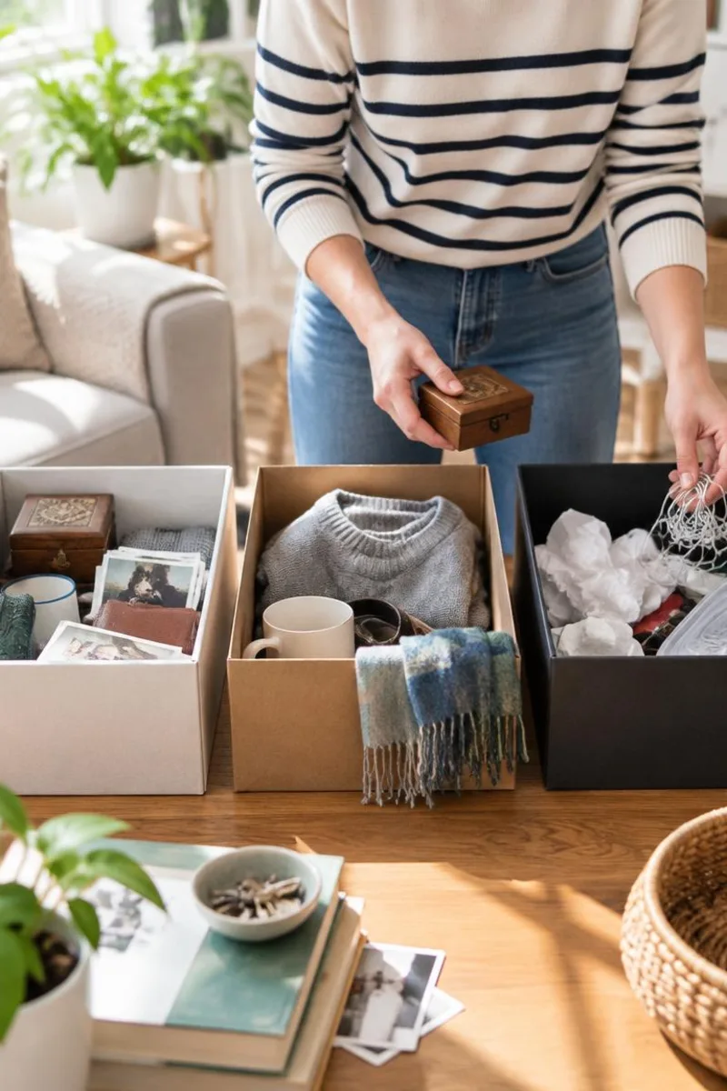 Open cluttered drawer being sorted into keep, donate, and trash piles on a table