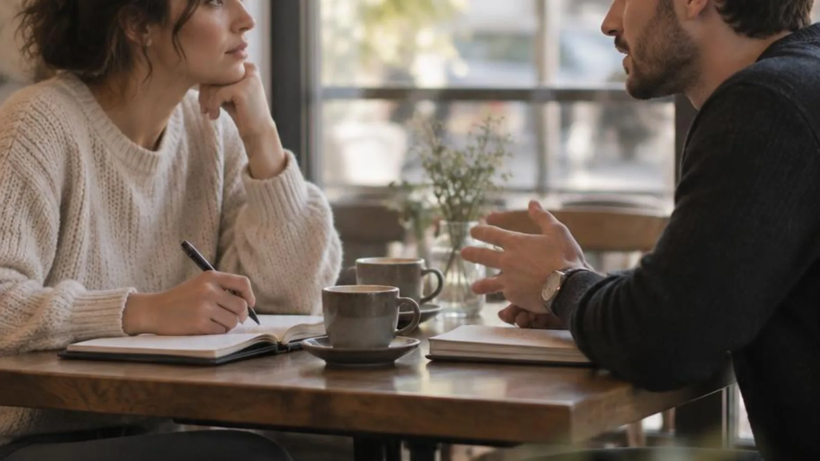 Two people sitting across a quiet table with notebooks, ready for a careful hard conversation