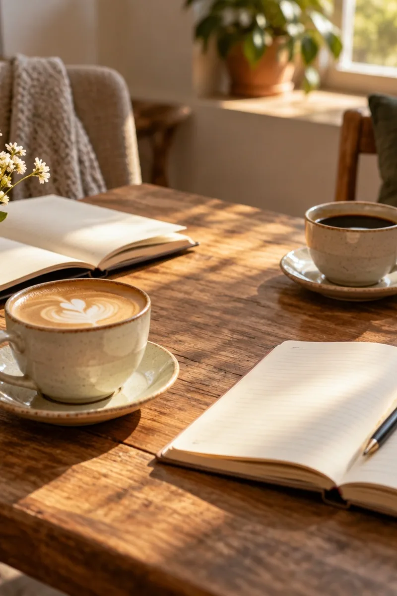 Two coffee cups across a quiet cafe table ready for a calm hard conversation